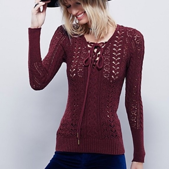 Free People Maroon Lace-Up Knitted Sweater - Picture 2 of 8
